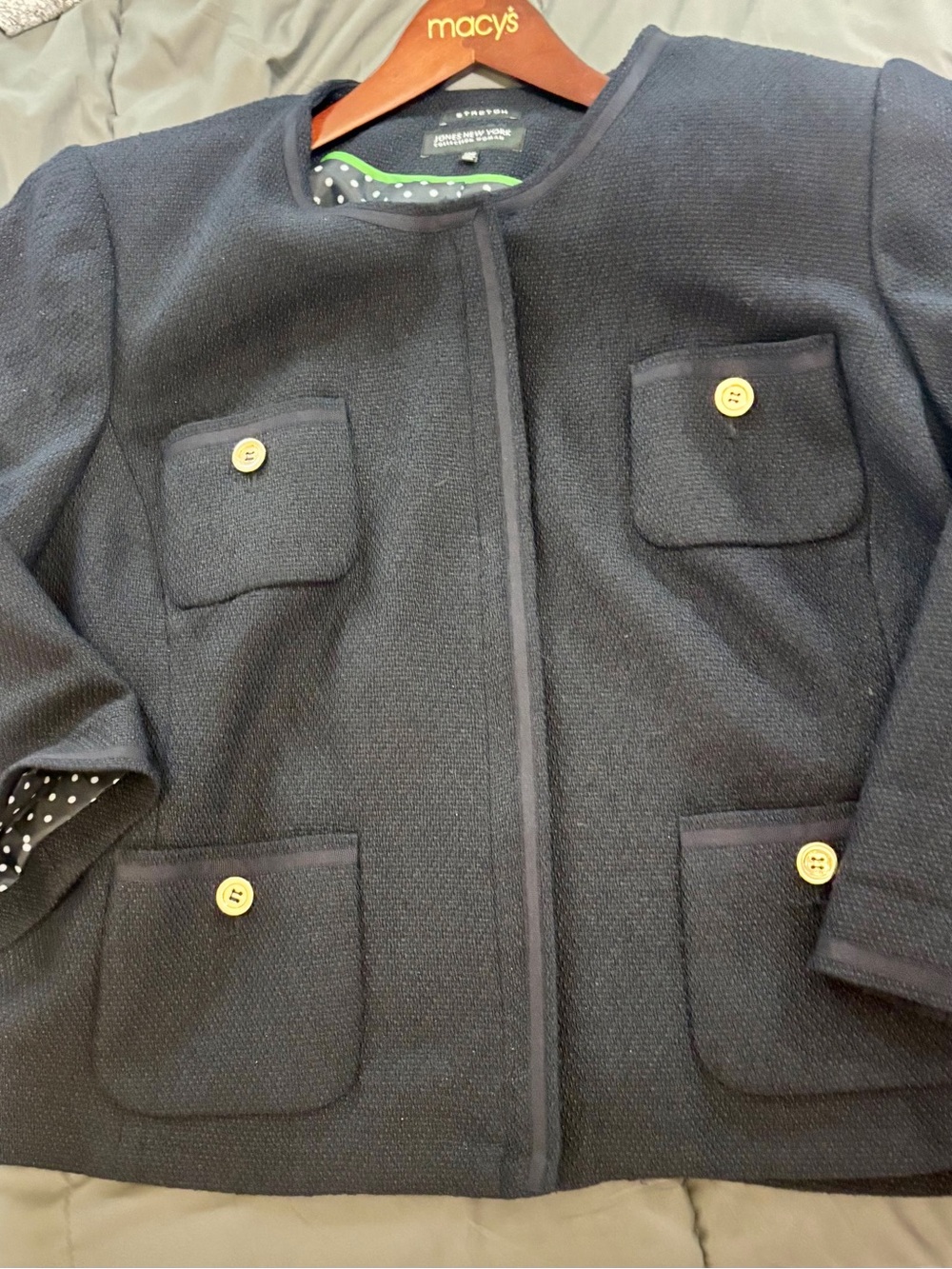 Jones New York Navy Collarless Tweed Jacket with Gold Buttons